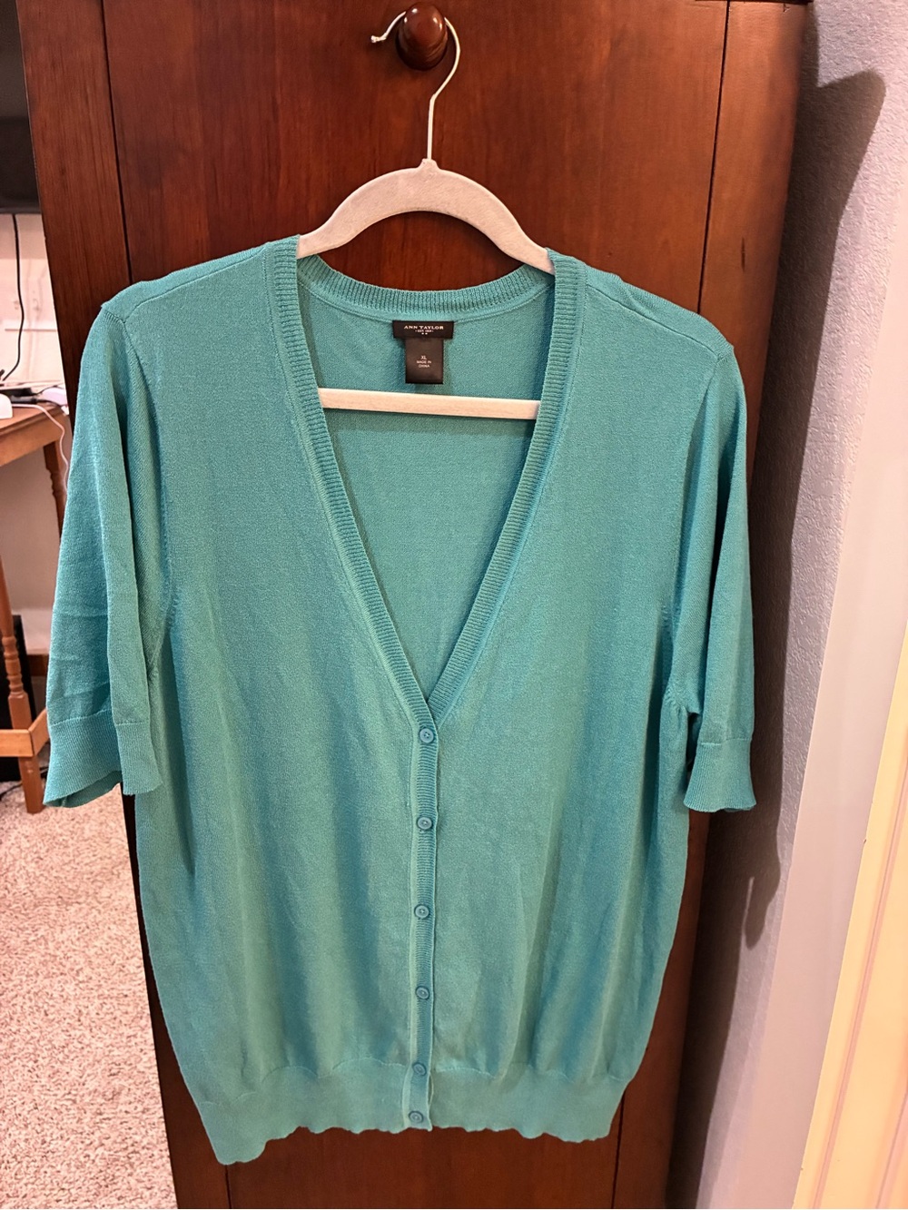 Anne Taylor Teal Short‑Sleeve V‑Neck Button‑Front Cardigan — Size XL (EUC)